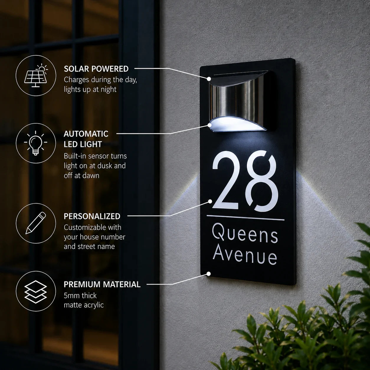 Personalized solar-powered house number sign